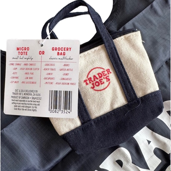 Trader Joe’s Canvas Micro Tote With Foldable Grocery Bag –Navy – Brand New - Picture 2 of 3